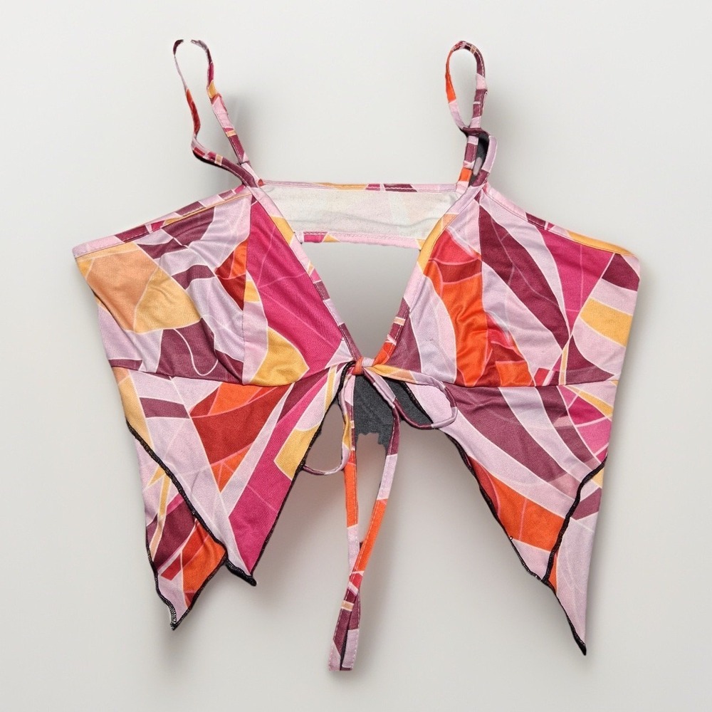 SHEIN Women Pink Orange Geometric Mosaic Handkerchief Hem Tie Front Cami Top L